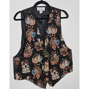 Lisa Josephs Vintage Christmas Tapestry Vest‎ Holiday Teddy Bear Angel Medium